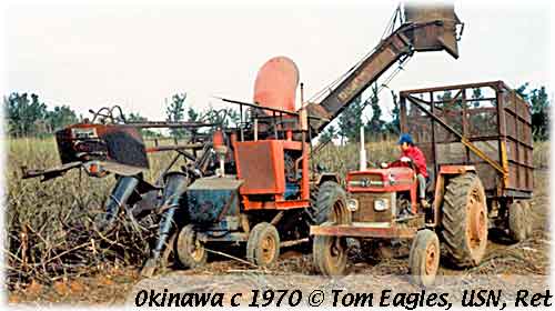 Okinawa, tractor-mounted mechanical sugar cane harvester, c 1970