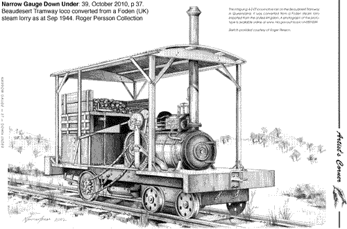 Foden steam lorry conversion for the 3' 6" gauge Beaudesert Shire Tramway, from Narrow Gauge Down Under, with link to NGDU site