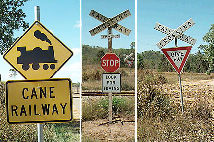 3 photos, railway crossing signs